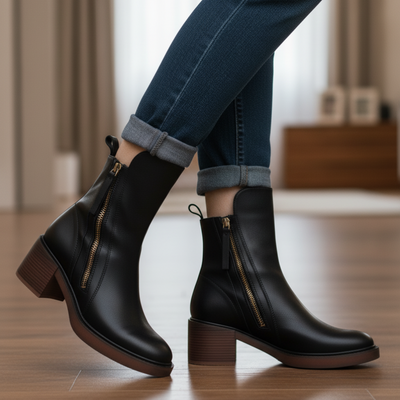 Valorine™ | Botte en cuir noire avec un talon confortable, élégante et intemporelle